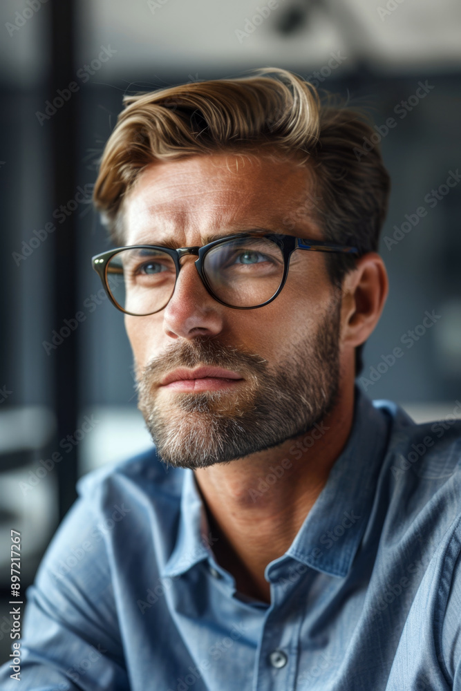 Fototapeta premium A thoughtful man with light hair and beard wearing glasses and a blue shirt looking into the distance