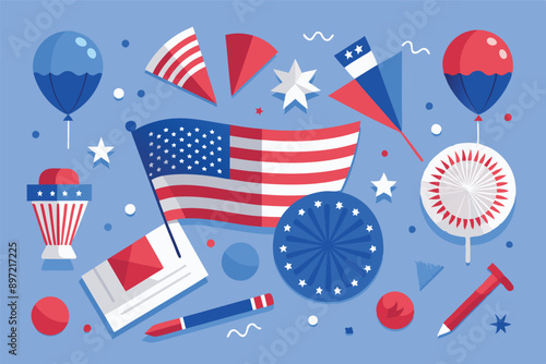 Independence Day poster, banner, foil balloon flyer, paper fan, and confetti for July 4. American flag colors. Minimalism flat lay design.