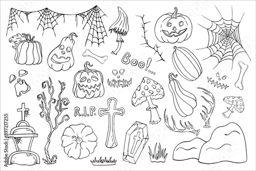 Set of Halloween silhouettes, doodle, character graphics. Design of pumpkin, cemetery and spooky elements for Halloween decoration, sketch, badge, sticker. Vector drawing. © Elena Zakharova
