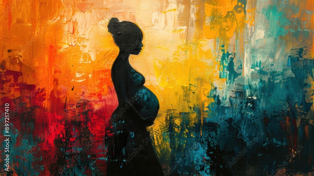 Silhouette of a pregnant woman against a vibrant, abstract background with warm and cool color tones. Silhouette of a pregnant woman against a vibrant, abstract background with warm and cool color tones.