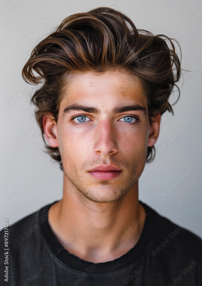 A young man with thick dark hair wearing a black t-shirt looking directly at the camera with a serious expression A young man with thick dark hair wearing a black t-shirt looking directly at the camera with a serious expression