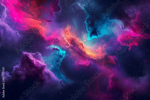 This photo showcases a vibrant space filled with clouds and stars, providing a captivating view of the celestial scenery, Futuristic abstract galaxy with vibrant colors, AI Generated