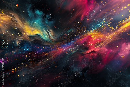 This photo showcases a vibrant and bustling space, brimming with numerous stars dispersed across the vast expanse, Futuristic abstract galaxy with vibrant colors, AI Generated