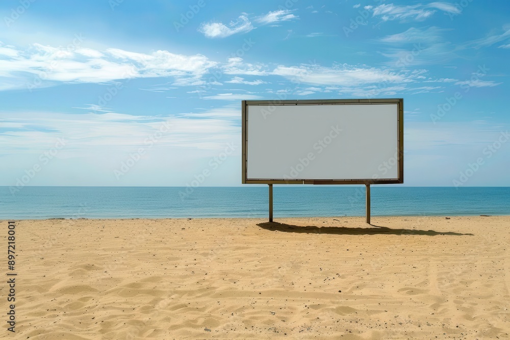 blank white billboard on a serene empty beach golden sand and calm blue ocean create a peaceful backdrop perfect for advertising or conceptual designs blank white billboard on a serene empty beach golden sand and calm blue ocean create a peaceful backdrop perfect for advertising or conceptual designs