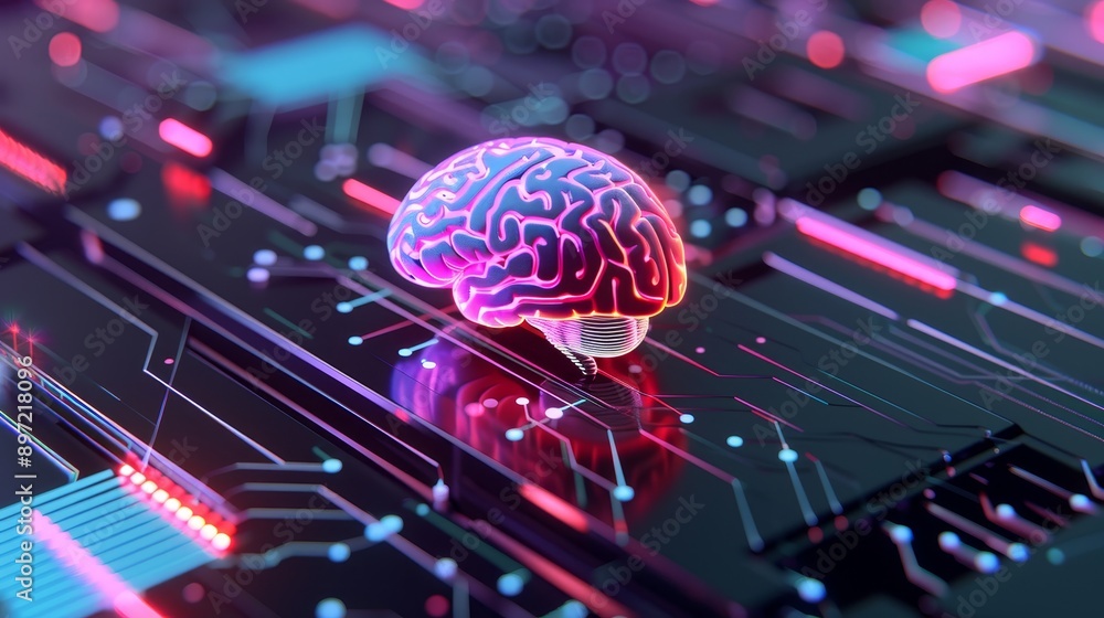 Top view of colorful glowing brain with circuit board background Top view of colorful glowing brain with circuit board background