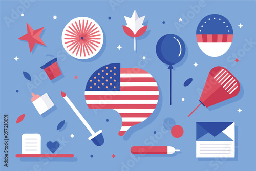 Independence Day poster, banner, foil balloon flyer, paper fan, and confetti for July 4. American flag colors. Minimalism flat lay design.