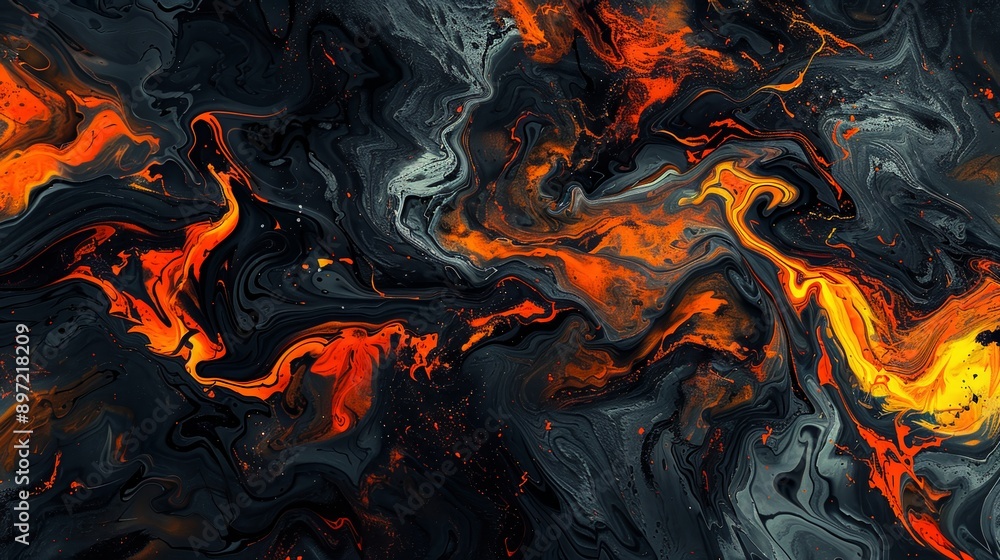 Swirling black, orange and yellow acrylic pour painting with abstract design Swirling black, orange and yellow acrylic pour painting with abstract design