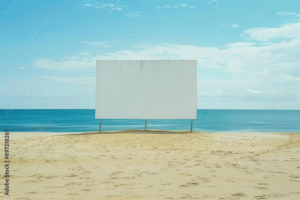 blank white billboard on a serene empty beach golden sand and calm blue ocean create a peaceful backdrop perfect for advertising or conceptual designs blank white billboard on a serene empty beach golden sand and calm blue ocean create a peaceful backdrop perfect for advertising or conceptual designs