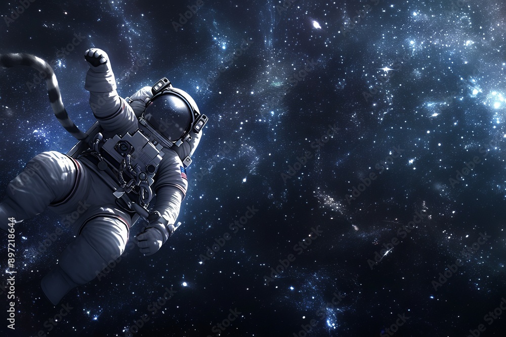 Cat wearing astronaut suit floating in the space galaxy, cartoon cute cat in space.