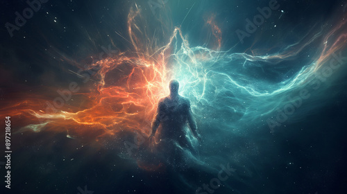 cosmic energy, human silhouette, galaxy, space, energy field, spiritual, abstract, universe, celestial, ethereal, cosmic balance, human form, astral, cosmic power, spiritual energy
