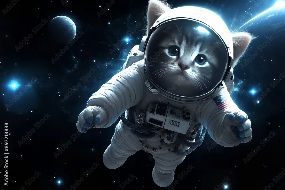 Cat wearing astronaut suit floating in the space galaxy, cartoon cute cat in space. Cat wearing astronaut suit floating in the space galaxy, cartoon cute cat in space.
