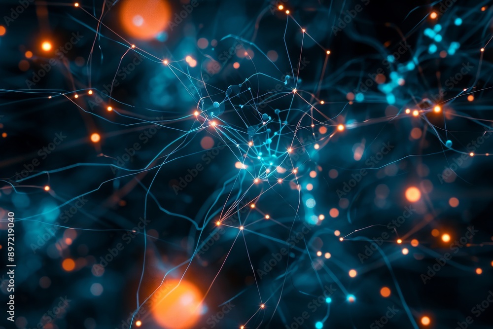 A detailed view showcasing a vibrant blue and orange background, Futuristic data nodes interconnected in an abstract style, AI Generated A detailed view showcasing a vibrant blue and orange background, Futuristic data nodes interconnected in an abstract style, AI Generated