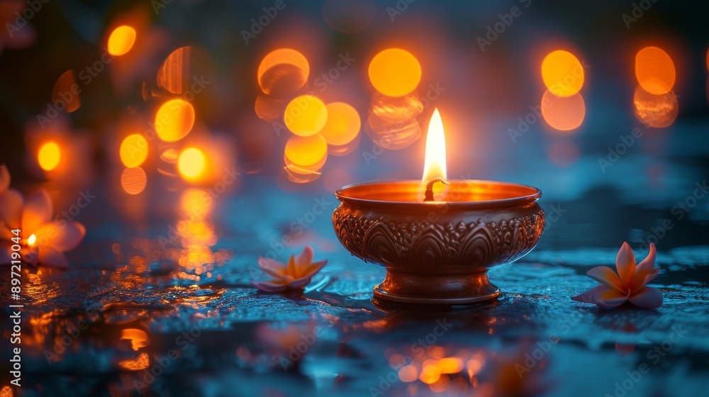 Lit oil lamp with floating flowers and bokeh lights at night, serene meditation concept Lit oil lamp with floating flowers and bokeh lights at night, serene meditation concept