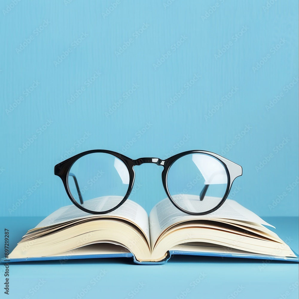 Eyeglasses rest on top of a book with its pages open, against a blue background. Generative AI Eyeglasses rest on top of a book with its pages open, against a blue background. Generative AI