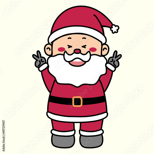 Christmas vector Illustration cartoon of santa claus happy and making peace sign finger hand , happy expression, isolated on light yellow background