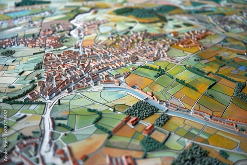 Architectural model showing a small town surrounded by countryside with fields, roads and trees