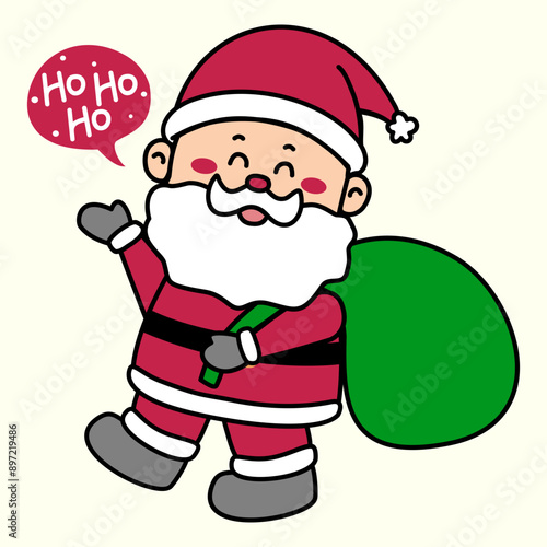 Christmas vector Illustration cartoon of santa claus holding a green bag full of present on the shoulder, greeting with hohoho voice, isolated on light yellow background