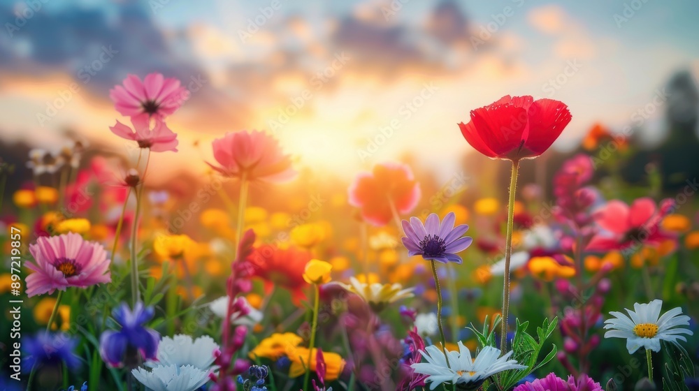 A stunning array of wildflowers in full bloom, bathed in the warm light of sunrise, creating a colorful and serene natural scene. A stunning array of wildflowers in full bloom, bathed in the warm light of sunrise, creating a colorful and serene natural scene.