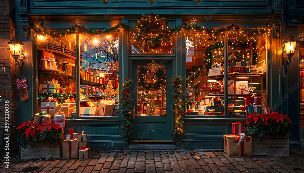 A charming holiday storefront with twinkling lights, festive decorations, and a window display featuring beautifully wrapped gifts and holiday cheer. A charming holiday storefront with twinkling lights, festive decorations, and a window display featuring beautifully wrapped gifts and holiday cheer.