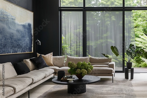 Interior of modern living room with black and wooden walls, concrete floor, comfortable beige sofa, coffee table and black coffee table.