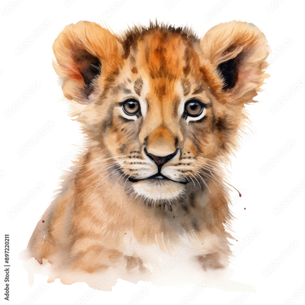 Obraz premium lion cub looking at watercolor isolated on transparent background cutout
