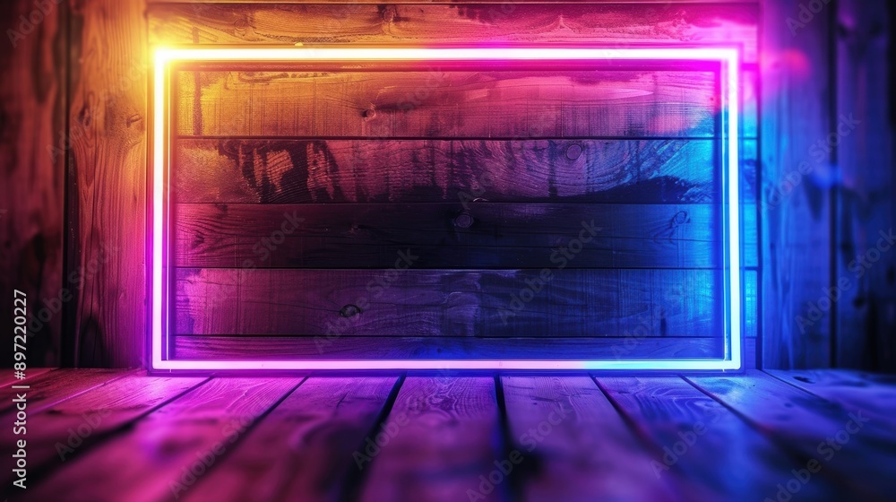 A vibrant neon frame glowing with pink and blue hues on a rustic wooden wall, creating a striking visual effect. A vibrant neon frame glowing with pink and blue hues on a rustic wooden wall, creating a striking visual effect.