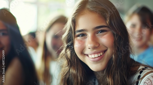 Wallpaper Mural A teenage girl with long hair smiles brightly, surrounded by friends in a school setting, capturing a moment of joy and camaraderie. Torontodigital.ca