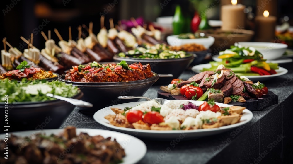 Catering buffet food on a long table in a hotel restaurant Catering buffet food on a long table in a hotel restaurant