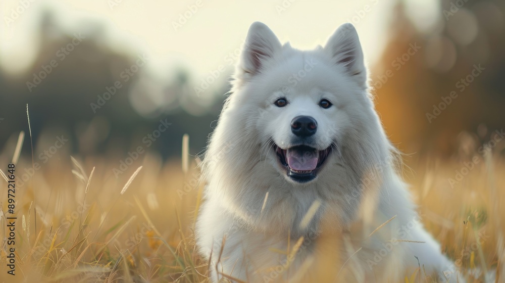 A happy Samoyed dog lying in a field of tall grass, smiling and enjoying the outdoors with a softly blurred background. A happy Samoyed dog lying in a field of tall grass, smiling and enjoying the outdoors with a softly blurred background.