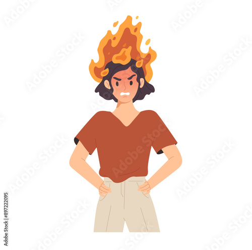 Angry woman with fire on her head. Concept of negative emotion, anger, emotional management, wrath, rage, mental health. Mad and furious cartoon character. Flat vector illustration.