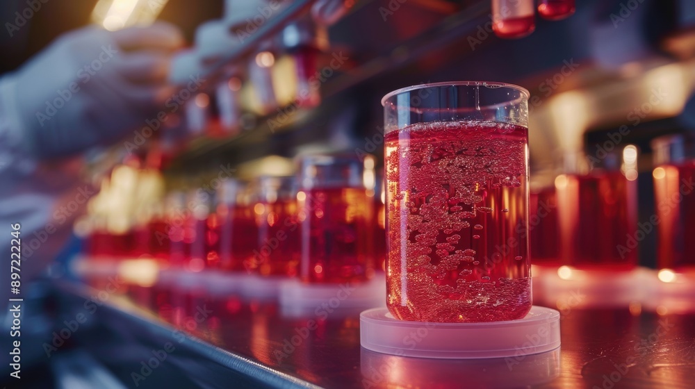 A beaker filled with red liquid and bubbles on a laboratory table, indicating a scientific experiment in progress. A beaker filled with red liquid and bubbles on a laboratory table, indicating a scientific experiment in progress.