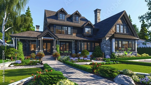 3D Rendering of a Modern House with Stone Exterior and Landscaped Yard © Boraryn