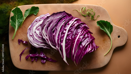 A vibrant purple cabbage sliced into thin slaw