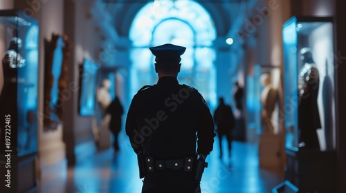 Night watchman in a museum, quiet and vigilant, protecting cultural heritage, nighttime security
