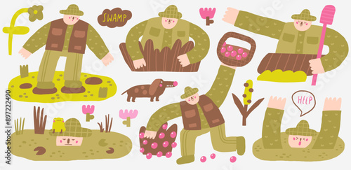 Cute swamp funny hand drawn doodle people set with fisherman, man in boat, drowning boy, person with dog, harvest, man in bush, male on lake. Marsh, wetland, backwater, pond, decorative set