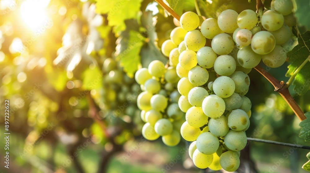 Close-up view of ripe green grapes hanging from a vine in the vineyard Close-up view of ripe green grapes hanging from a vine in the vineyard