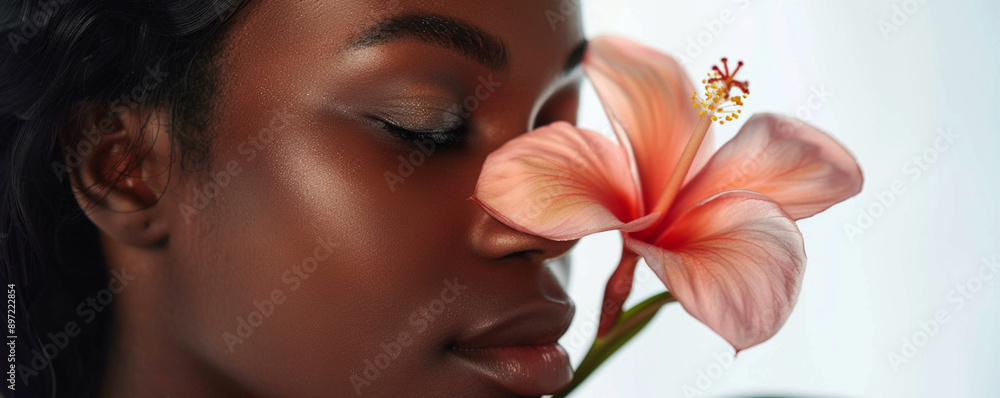 close-up of a beautiful black woman with flawless makeup, closed eyes and dark skin touching the petal of an orange hibiscus flower in her hand, white background close-up of a beautiful black woman with flawless makeup, closed eyes and dark skin touching the petal of an orange hibiscus flower in her hand, white background