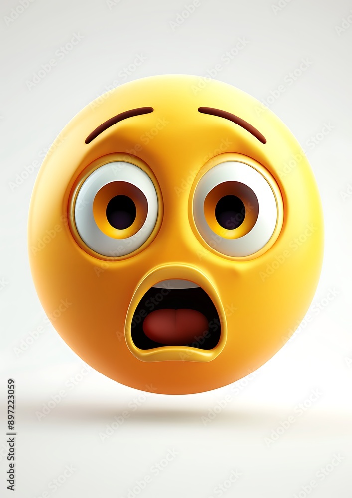 Fototapeta premium emoji icon of a surprised face featuring wide eyes and an open mouth in a bright yellow color set against a white background The expression is highly realistic