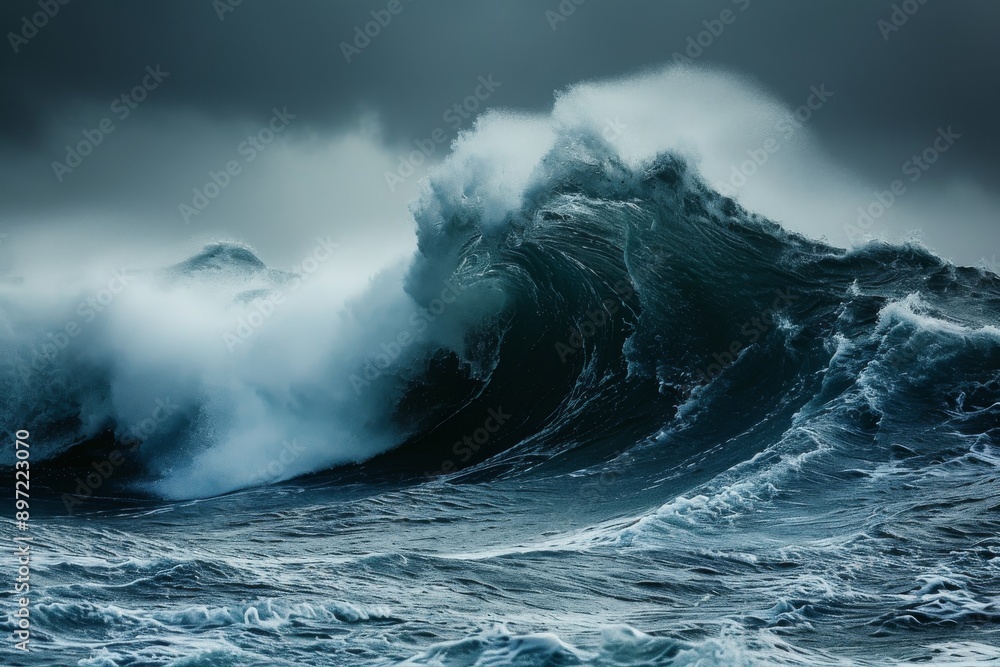 Fototapeta premium A massive wave rises and crashes in the middle of the expansive ocean, displaying its power and force, Giant ocean waves churned up by a storm, AI Generated