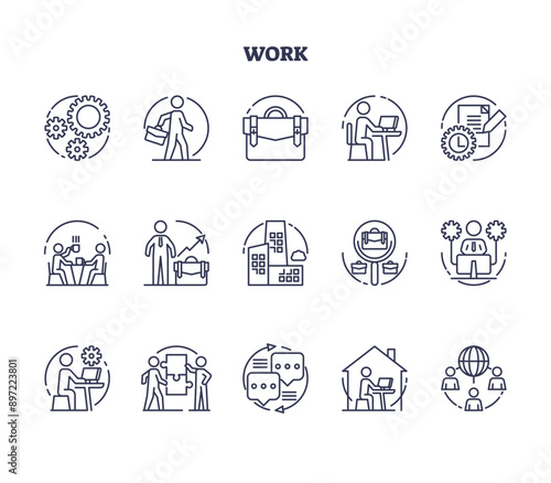 Work icons with job and professional business career outline collection set. Elements with workforce, labor and partnership symbols vector illustration. Effective and productive work organization.