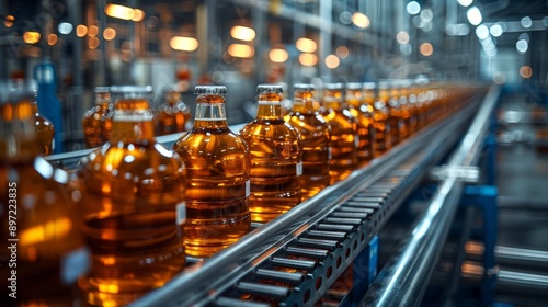 Industrial Conveyor Belt With Rows of Glass Bottles Filled With Amber Liquid