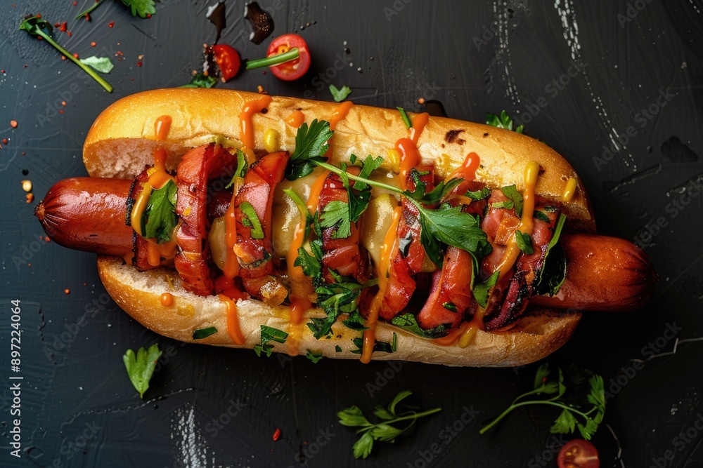 A hot dog topped with various ingredients A hot dog topped with various ingredients