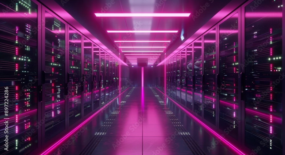 Fototapeta premium network server room with computers for digital communications and internet,abstract data concept, Cryptocurrency mining rig room 