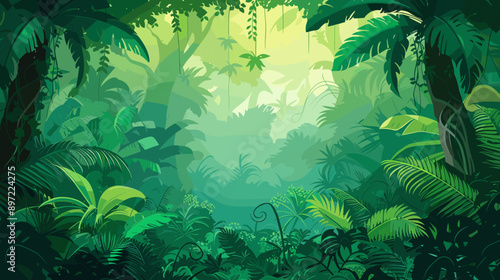 tropical jungle with exotic leaves vector cartoon illustration background copy space