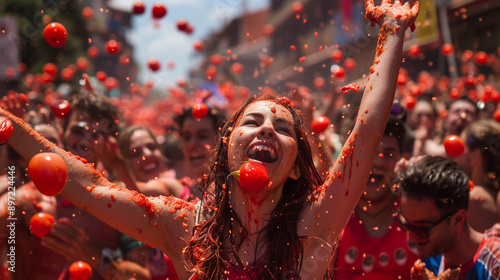 people throw tomatoes enthusiastically at the La Tomatina Festival, the background of city streets filled with red tomatoes and people cheering photo