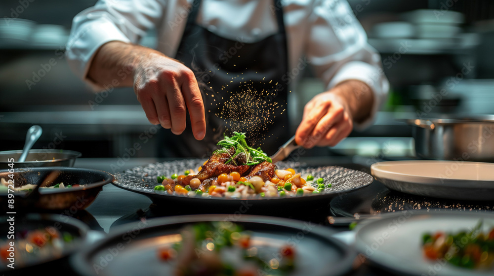 A chef puts final touches on a highquality dish in an upscale restaurant kitchen A chef puts final touches on a highquality dish in an upscale restaurant kitchen