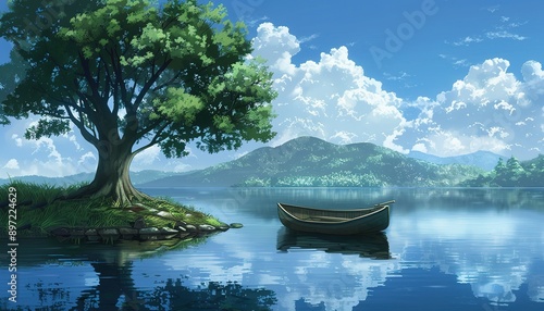 boat on a lake with a tree in the background, anime cartoon style