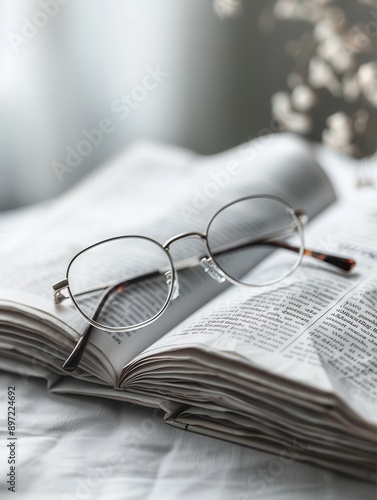 Eyeglasses rest on an open book against a minimalist backdrop. Generative AI