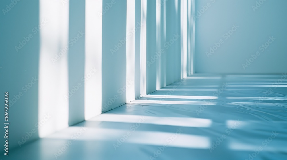 Abstract shadows and light on a white wall and white floor background, softly focused sunlight reflections. Abstract, serene, geometric pattern in natural sunlight shadow play Abstract shadows and light on a white wall and white floor background, softly focused sunlight reflections. Abstract, serene, geometric pattern in natural sunlight shadow play