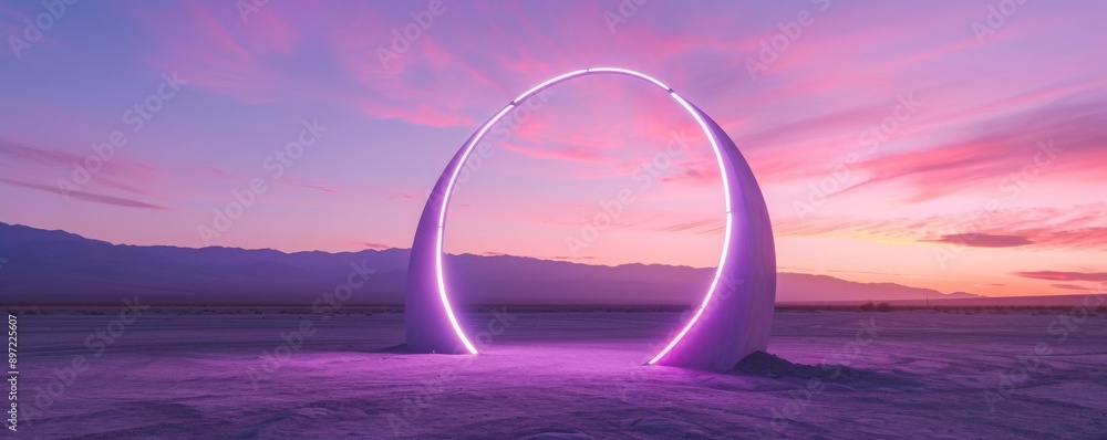 Neon arch in desert at sunset, futuristic landscape. Surreal concept Neon arch in desert at sunset, futuristic landscape. Surreal concept